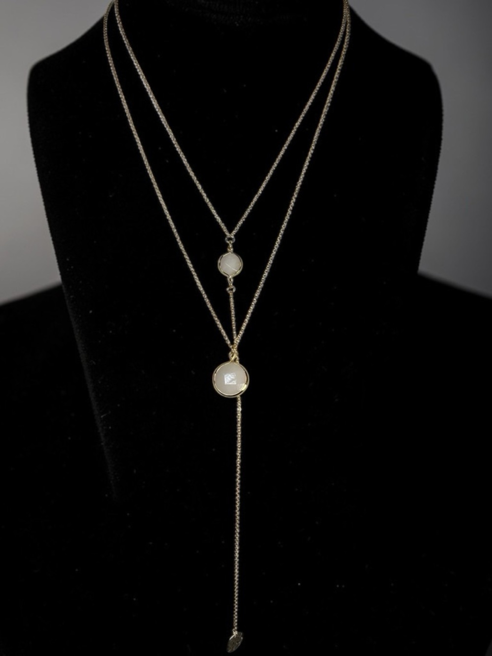 Gold 2 Layered Y-Style Necklace with White Stone Accents